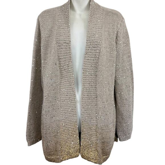 Chicos Womens Beige Sequin Silver Gold Open Cardigan Cotton Blend Sweater 2/ L - Picture 1 of 16